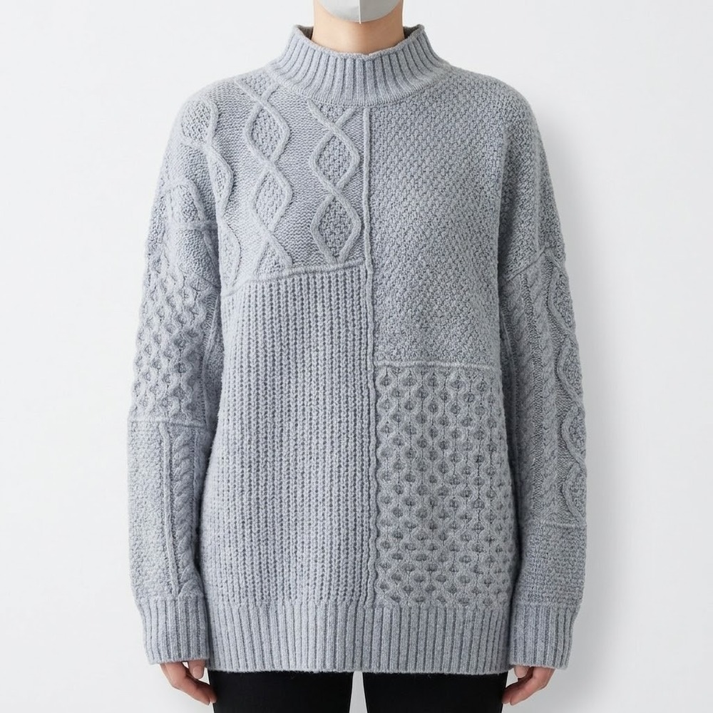 American Eagle Patchwork Cable Knit Sweater Womens Medium Gray Mock Neck Cozy